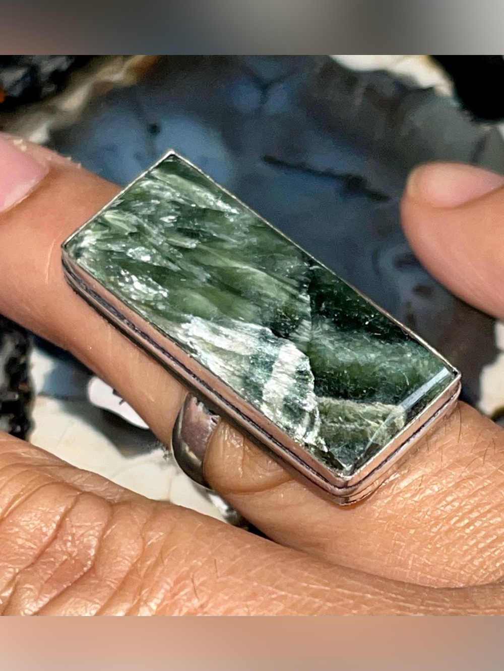 Silver Green Seraphinite Crystal Ring 6